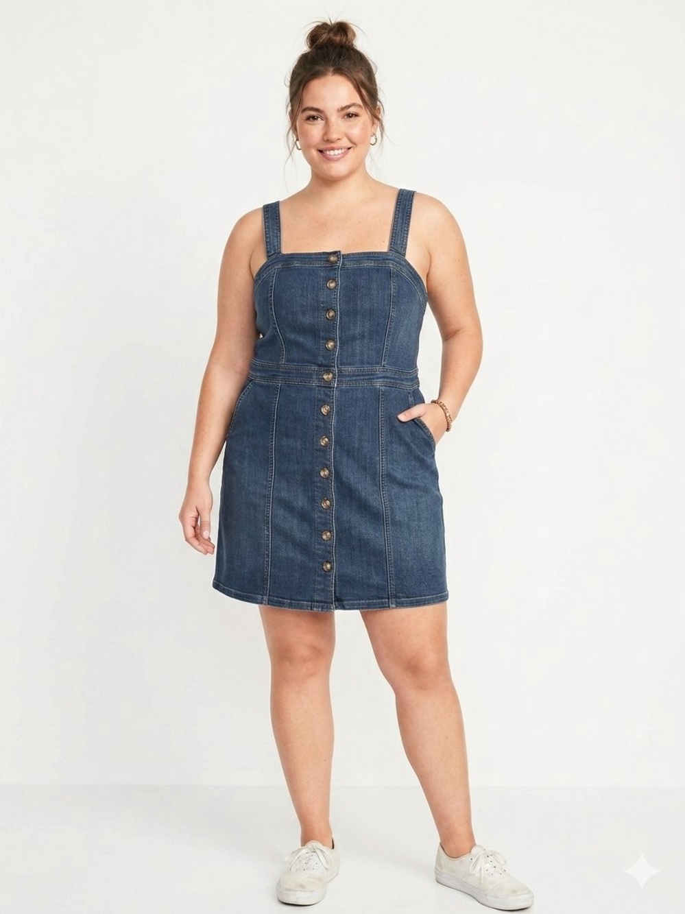 Express Stretch Denim Square Neck Sleeveless Button Front Dress